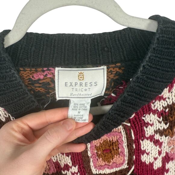 Express Tricot Vintage Sweater Floral Patchwork Cottage Chunky Womens Medium - Picture 3 of 5